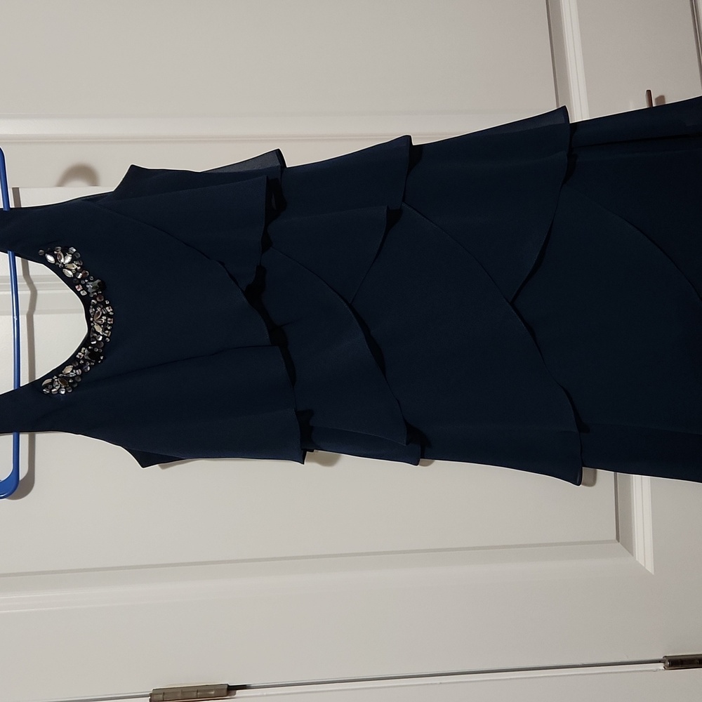 Size 8 2 piece Blue Party Dress with faux jewelry neckline.